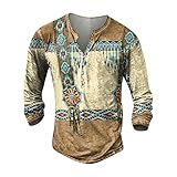 Thermounterwäsche Herren Herren Pullover men's activewear 3D Druck Henley Shirt Freizeit Distressed Henley Hemd Indian Tribal Langarmshirt mit Tasten Sportshirt Outdoor Tactical Tshirts Khaki M