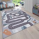 Paco Home Kinderteppich Spielteppich Teppich Kinderzimmer Junge Mädchen Tier Und Straßen Muster Creme Blau Grau, Grösse:100x200 cm