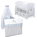 Baby Delux Babybett Komplett Set Kinderbett umbaubar zum Juniorbett Lia weiß 120x60 Bettset Matratze Prince Grey Stars