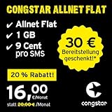 congstar Allnet Flat [SIM, Micro-SIM und Nano-SIM] monatlich kündbar (16,00 Euro/Monat, 1 GB Datenflat mit max. 21 Mbit/s, Allnet Flat in alle dt. Netze) in bester D-Netz-Qualität