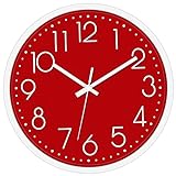 Foxtop Rote Moderne Wanduhr, 30cm Geräuschlos Lautlos Nicht tickend Batteriebetrieben Breiter Rahmen Dekorativ Uhr für Küche, Wohnzimmer, Schlafzimmer, Zuhause, Büro