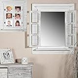 Melko Wandspiegel mit Fensterläden 64x54cm Shabby Chic Weiß Spiegelfenster mit Ablage Hängespiegel mit Fenster Fotorahmen 13x13 cm