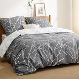 BEDSURE Bettwäsche 220x240 Baumwolle Grau - Bettwäsche-Sets 220 x 240 cm Bettbezug 3teilig mit 2 Kissenbezüge 80x80 cm, ÖKO-TEX Wendebettwäsche Bedding Zweige Muster mit Reiß