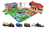 Majorette 212050009 Creatix Big Farm Set, Bauernhof-Spielset inkl. 3 Fahrzeugen + 2 Anhägern, Traktor, Mähdrescher, Holzlader, Die-Cast