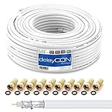 deleyCON HQ 30m SAT Koaxial Kabel 130dB - 4-fach geschirmt für DVB-S - S2 DVB-T und DVB-C - Stahl/Kupfer Innenleiter - 4K 1080p FULL HD HDTV - inkl. 10x vergoldete F-Steck