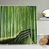 NUEV Grüner Bambuswald Duschvorhang Frühlingspflanzen Naturlandschaft Badezimmerwand Dekorativer Haken Wasserdichter Bildschirm S.9 150x180cm