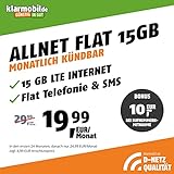 klarmobil Handyvertrag D-Netz Allnet Flat 15 GB - Internet Flat, Allnet Flat Telefonie & SMS in alle Deutschen Netze, EU-Roaming, monatlich kündbar