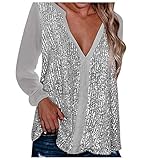 Glitzer Oberteile Damen Sexy -Pailletten Oberteil Damen V-Ausschnitt Silber Weiss Langarmshirt Tunika Top T Shirt Langarm Große Größen Lockere Lässig Bluse Party Oberteil Blusen & Tuniken für F