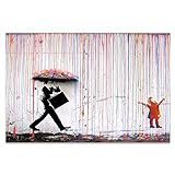 Home Decors Wandmalerei Banksy Street Graffiti Poster Einzigartige Kunst Regen Mädchen Regenschirm Straße Kunstwerke Leinwand Dekoration 80 x 120 cm (32 x 47 Zoll) Innenrahmen