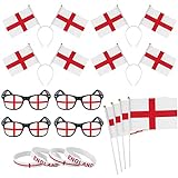 Hiwooii 16 Pack England Fußball Fanartikel Kostümset England Stirnband Sonnenbrille Silikon Armbänder und Handwellen Flagge für 2022 Katar WM EM Party Favor Deko