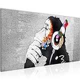 Runa Art Wandbild Affe mit Kopfhörer 1 Teilig 100 x 40 cm Modern Bild auf Vlies Leinwand Street Art Graffiti Loft Wohnzimmer Bunt 042512a