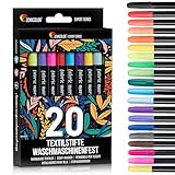 20 Textilstifte Waschmaschinenfest - Textilfarbe Waschmaschinenfest - Ungiftig, Waschfeste und Permanente Stoff Marker ideal für T-Shirts, Stofftaschen und andere Textilien - Für Kinder und Erw