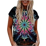 Damen Tops Casual 3D Blumendruck T-Shirt Basic Pullover Sommer O-Ausschnitt Kurzarm Loose Tunika Bluse(L,Schwarz)