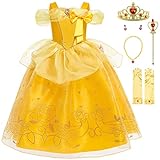 KANDEMY Mädchen Prinzessin Aurora Kostüm Dornröschen Kleid Belle Kostüm Prinzessinnen Kleider Kinder Geburtstag Fasching Karneval Kostüme Cosplay Verkleidung Party Gelb 120