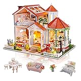 Cuteefun DIY Puppenhaus Miniatur Haus mit Staubschutz Musik und Möbeln Selber Bauen, Bastelset Erwachsene, Handgemachtes Geburtstagsgeschenk für Frauen, Farbige Glasurzeit