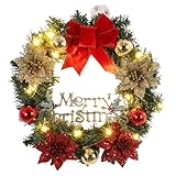 Weihnachtskranz – Weihnachtskranz mit Lichtern | beleuchtete Weihnachtskränze für den Außenbereich | 14,6 cm beleuchtete Weihnachtskränze mit roter Schleife | künstliche Türhänger Girlande fü