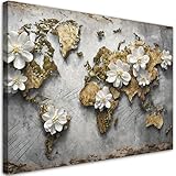 Feeby Leinwand Bilder - 3D Weltkarte Blumen Textur - Canvas 45x30 cm - Deko Wohnzimmer - Wandbilder Schlafzimmer - Deko Aesthetic - Wand Deko - Leinwand Groß - Deko Zimmer - Leinwandbilder XXL