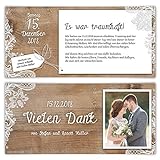 30 x Hochzeit Dankeskarten Danksagungskarten individuell mit Ihrem Text und Foto DIN Lang 99 x 210 mm - Rustikal mit weißer Spitze