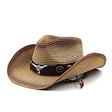 Männer Frauen Cowboy Sonnenhüte Beige Papier Stroh Panama Hut Weibliche Strand Breiter Krempe Jazz Kappe Sommer Klassische Damen Fedora Kappen (Color : 1, Size : 56-58CM Adjustable)