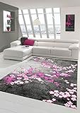 Designer Teppich Moderner Teppich Wohnzimmer Teppich Blumenmuster Grau Lila Pink Weiss Rosa Größe 80x150 cm