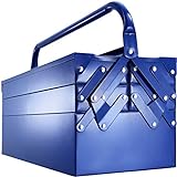 tectake 403560 Montage Werkzeugkasten aus Metall, leer, Werkzeugkoffer mit 5 Fächern, Vorrichtung für Vorhängeschloss, mit Tragebügel, 58,5 x 21 x 32 cm, blau