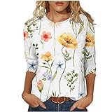 Damen T-Shirt 3/4-Arm Oberteile Frauen Rundhals Ausschnitt Tops Bluse mit Floral-Motiv Mädchen Reguläre Passform Tshirt Short Sleeve Shirts Female Tunika Tank Tops