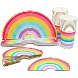 Für 24 Personen Party-Set Regenbogen mit Papptellern, Pappbechern und Halbrunden Servietten in Regenbogenform und -Farben
