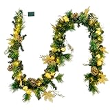 KOMFOTTEU 270 cm Weihnachtsgirlande mit 50 LED-Lichtern, künstliche Tannengirlande mit Timerfunktion, Weihnachtsdekoration mit für Treppe, Kamin (Grün und Gold)