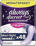 Always Discreet Inkontinenzeinlagen Maxi Night, 48 Binden (4 x 12 Stück) Monatspaket, diskreter Schutz & hohe Saugstärke, geruchsneutralisierend
