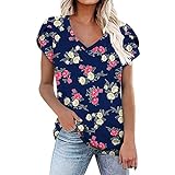 Sommer Damen Kurzarm V-Ausschnitt Blumenblatt Bedruckte Hemden Top Lässige lockere Bequeme Hemden T-Shirt Bluse Spitzenkragen (Navy, XL)