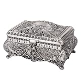 Feyarl Schmuckkästen Antik Schmuckkasten Metall Floral Gravur Rechteck Aufbewahrung Box mit Unterteilung Silber Zinklegierung Geschenk(Large)