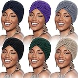 SATINIOR 6 Stücke Turban für Frauen Weich Turban Kopfwickel Kopfbedeckung Plissee Mütze Kappe Haarausfall Hut (Schwarz, Dunkelblau, Beige, Grau, Lila, Marineblau)