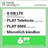 Handytarif handyvertrag.de z.B. LTE All 8 GB – (Flat Internet 8 GB LTE, Flat Telefonie, Flat SMS und Flat EU-Ausland, 6,99 Euro/Monat, monatlich kündbar) oder andere Tarife