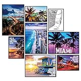 GREAT ART® Stimmungs-Poster Set Miami Beach | 8 Stilvolle Moderne Wandbilder Collage Deko | 4X Din A2 und 4X Din A3 | Ocean Drive Strand Palmen Karte Skyline Florida | ohne Rahmen