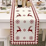 Weihnachten Tischläufer, 35 x 180 cm rot Karierte Schneeflocken Muster Leinen Esstisch Läufer für Winter Weihnachtsdekorationen (Hirsch & Schneeflocke)
