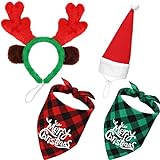 4 Stück Verstellbare 3D Weihnachten Hund Weihnachtsmütze, Weihnachten Klassisch Büffel Plaid Haustiere Schal Dreieck, Weihnachten Rentier Geweih Stirnband mit Ohren Haustier Kostüm Zubehör