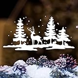 Wandtattoo-Loft Fensterbild Schneelandschaft mit Hirsch und Häschen/Fenster Dekoration in der Farbe weiß Weihnachts Fensteraufkleber / 3 Größen / / 55 cm breit x 26 cm hoch