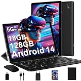 DMOAO Tablet 10 Zoll Android 14 mit 5G WLAN 6, 18 GB RAM + 128 GB ROM(TF 1TB), Widevine L1, Octa-Core, BT 5.0, Face ID, FHD 1280 * 800 IPS, 6000 mAh, 2 in 1 Tablet mit Tastatur + Maus, Schw