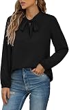 Yommay Damen Bluse Elegant Langarm Tunika T-Shirt Krawatte Hals Flowy Chiffon Oberteile für Frauen Herbst Mode,Schwarz,3XL