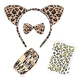 5-teilig Leoparden Kostüm Set, Leopard Gesichts Kunst Aufkleber,Tier Leopard Stirnband Fliege,Leopardenohren Haarreif,Leoparden Armband,Leopard Kostüme für Kinder,für Kostüm Party Dekoration Zubehör.