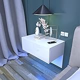 Dripex Nachttisch hängende in Weiß Hochglanz, Wandregal Nachtschrank mit Schublade, Holz Möbel Nachtkommode schwebend mit LED Beleuchtung,60 x 46 x 35 cm