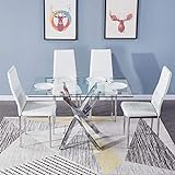 GOLDFAN Esstisch mit 4 Stühlen Glastisch mit Weißer Stuhl Essgruppe mit 4 Stühlen Quadratischer Wohnzimmertisch Glas 110x70cm