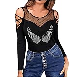 Uhoney Oversized Graphic T Shirt Women Casual Long Sleeve Top Hollow Out O-Neck Off Shoulder Shiny Sequin Skull Print Slim Tops Mesh Patchwork Bluse, Schwarz , Small