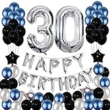 Yoart 30. Geburtstag Dekorationen Blau und Silber Schwarz Geburtstag Party Dekoration Luftballons für Männer Frauen Party Supplies Folie Sterne Luftballons 80 Stück