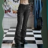 LSJSN Vintage Gothic Punk Y2K Boot Cut Jeans Grunge Bodycon High Raise Sexy Hose Egirl Taschen Patchwork Streetwear Hose,Schwarz,L