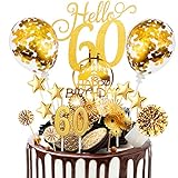 Tortendeko 60 Geburtstag Frau Männer 17 Pcs Cake Topper 60 Happy Birthday Kuchen Dekoration 60 Geburtstag Torten Topper mit Zahlenkerze 60, Sternen Konfetti-Luftballons und Papierfächer Gold