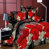 Fasyou 4-teiliges Bettwäscheset mit 3D-Rosen, große rote Rosen, Blumen-Bettwäsche-Set für Hochzeit, Bettbezug, Bettlaken, Kissenbezüge für Schlafzimmer