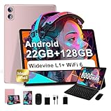 2025 Neuest Android 14 Tablet 10 Zoll, 22(6+16)GB RAM+128GB ROM/TF 2TB, 8000mAh Akku, 8-Cores CPU, Face ID, Widevine L1, WLAN 6, GPS, BT5.0, 5MP+8MP, Tablet mit Tastatur+Maus, Metallkörper GOLD