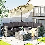 Piokoy Summer Garden Rattanmöbel Sofa Set 2022 Dining Lounge Set mit Auflagen für Garten Terrasse und Balkon, Allwetter-Geflechtsofa, Stuhl, Couchtisch, gebogen, Halt für 4-5 Personen