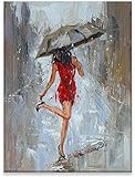 wall art leinwandbild (58x90cm-Kein Rahmen )Rotes Kleid Frau mit Regenschirm auf der Straße Leinwand Gemälde Druck Schlafzimmer Dekor Bild